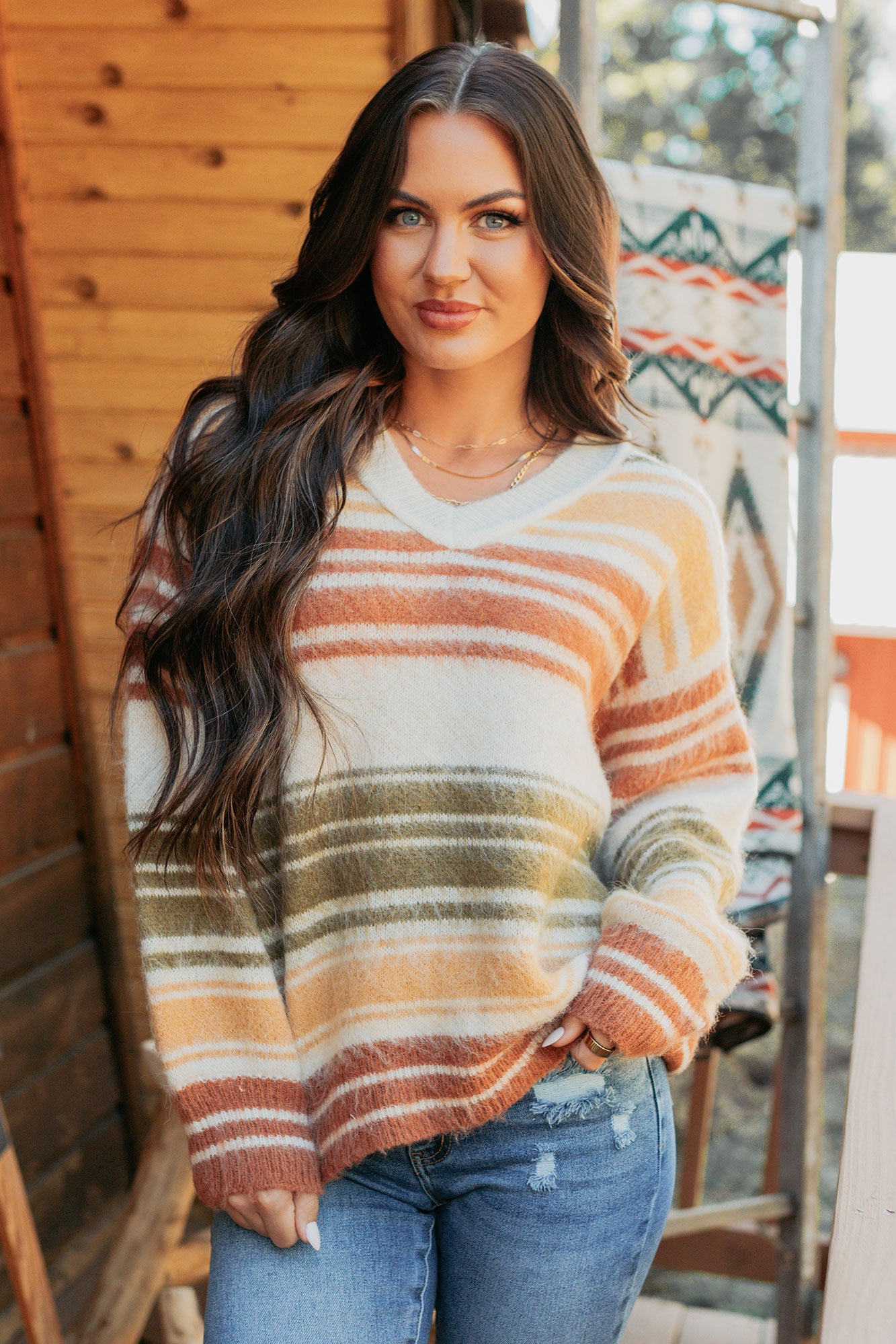 Messy Feelings V Neck Striped Knit Sweater (Multi) - NanaMacs