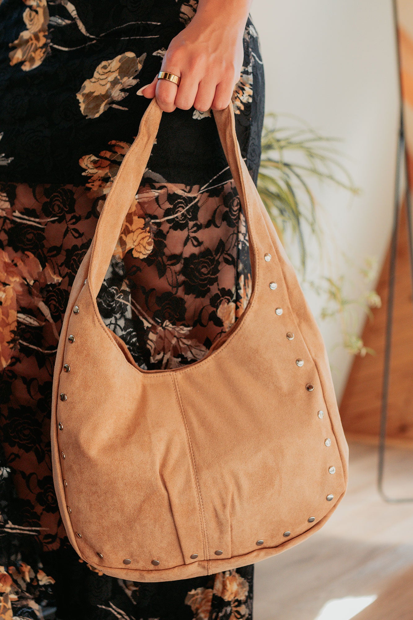 Chic Instinct Faux Suede Studded Handbag (Khaki) - NanaMacs