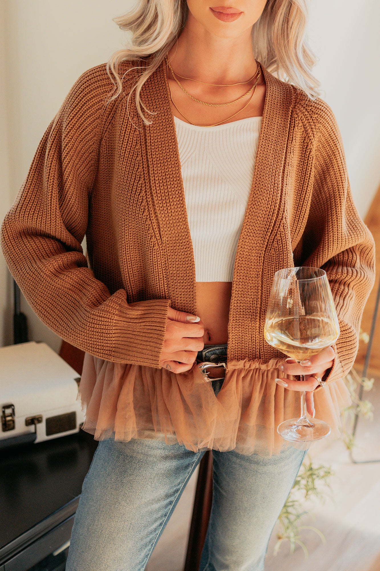 Soft Landings Tulle Hem Cable Knit Cardigan (Chocolate) · NanaMacs