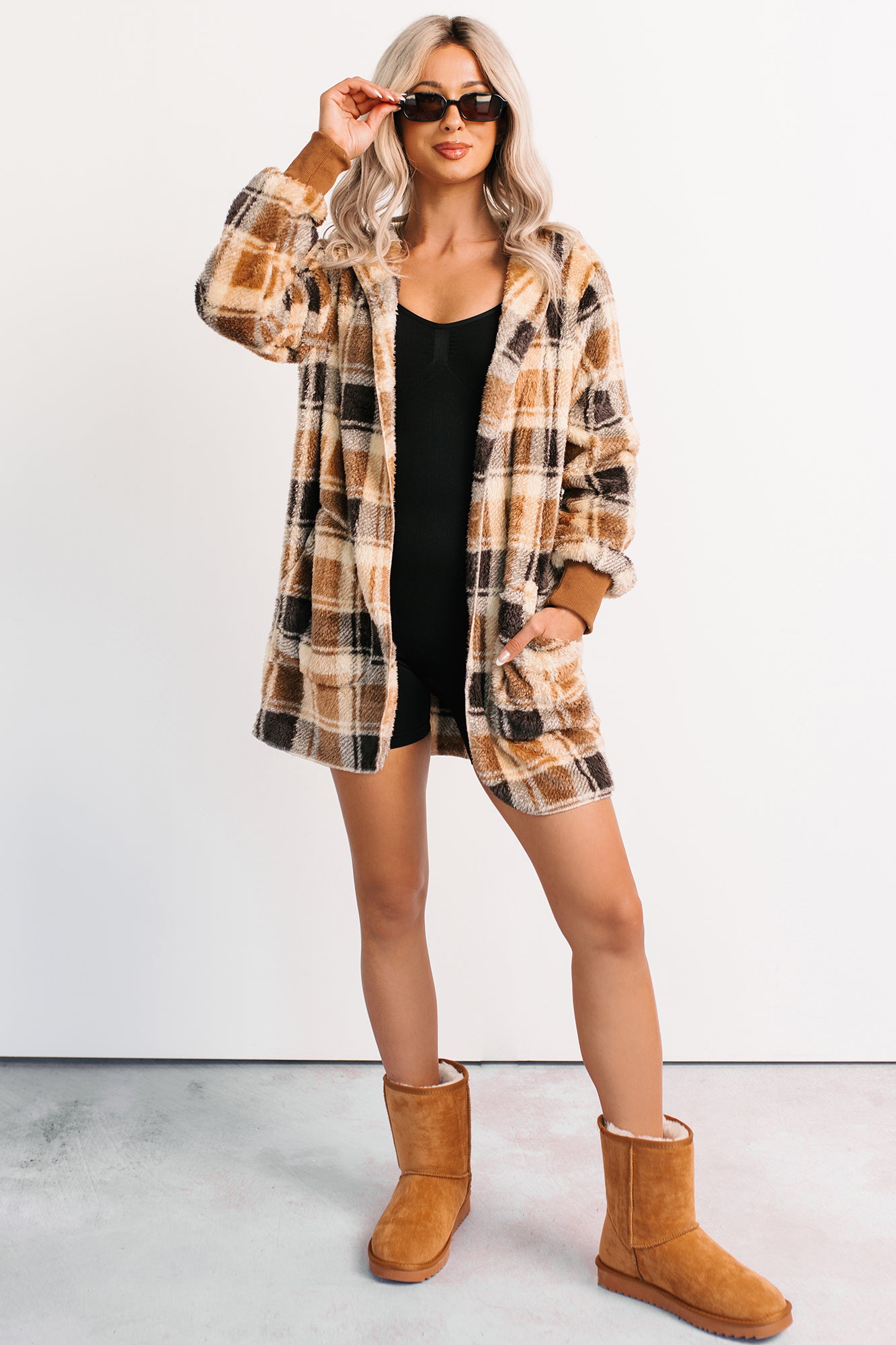 No Off Days Plaid Print Fur Hoodie Cardigan (Camel Mix) - NanaMacs