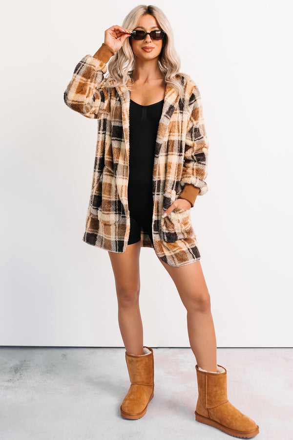 No Off Days Plaid Print Fur Hoodie Cardigan (Camel Mix) - NanaMacs