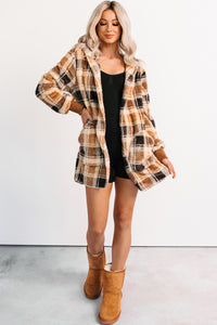 No Off Days Plaid Print Fur Hoodie Cardigan (Camel Mix) - NanaMacs