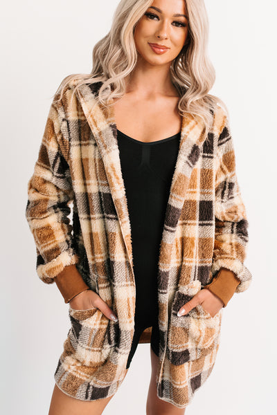 No Off Days Plaid Print Fur Hoodie Cardigan (Camel Mix) - NanaMacs