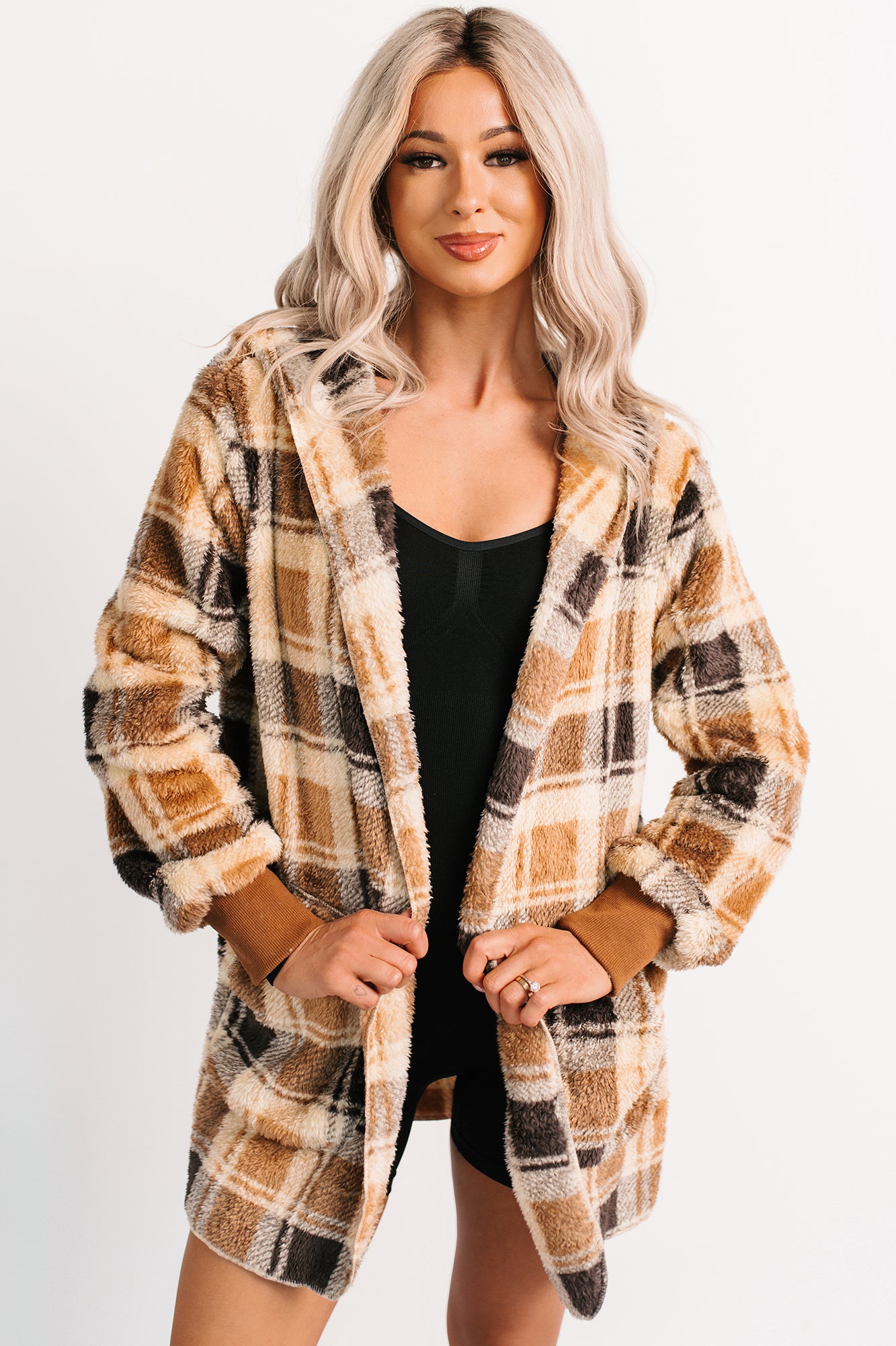 No Off Days Plaid Print Fur Hoodie Cardigan (Camel Mix) - NanaMacs