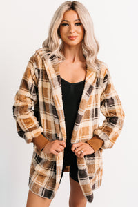 No Off Days Plaid Print Fur Hoodie Cardigan (Camel Mix) - NanaMacs