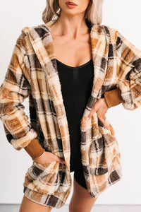 No Off Days Plaid Print Fur Hoodie Cardigan (Camel Mix) - NanaMacs