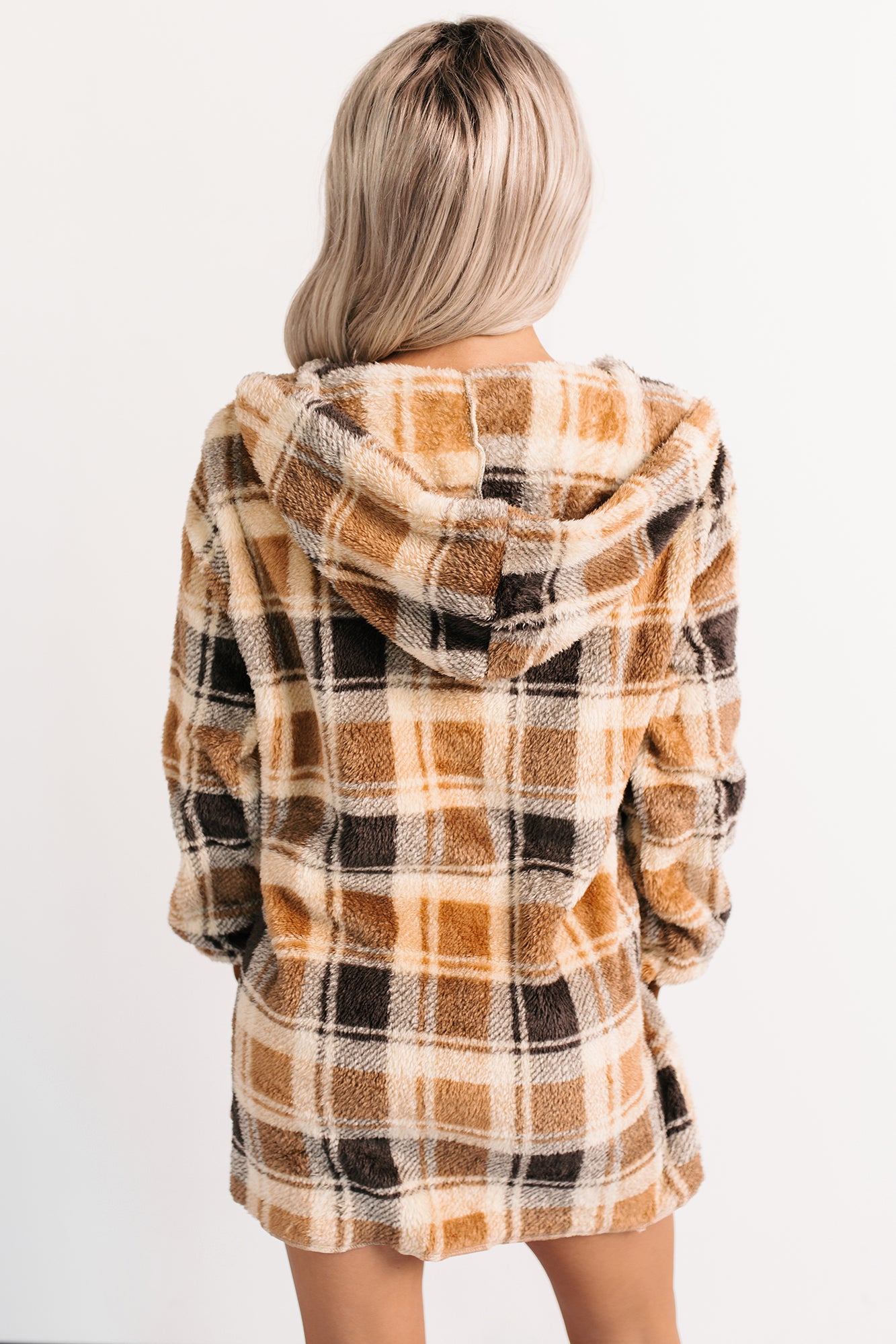 No Off Days Plaid Print Fur Hoodie Cardigan (Camel Mix) - NanaMacs