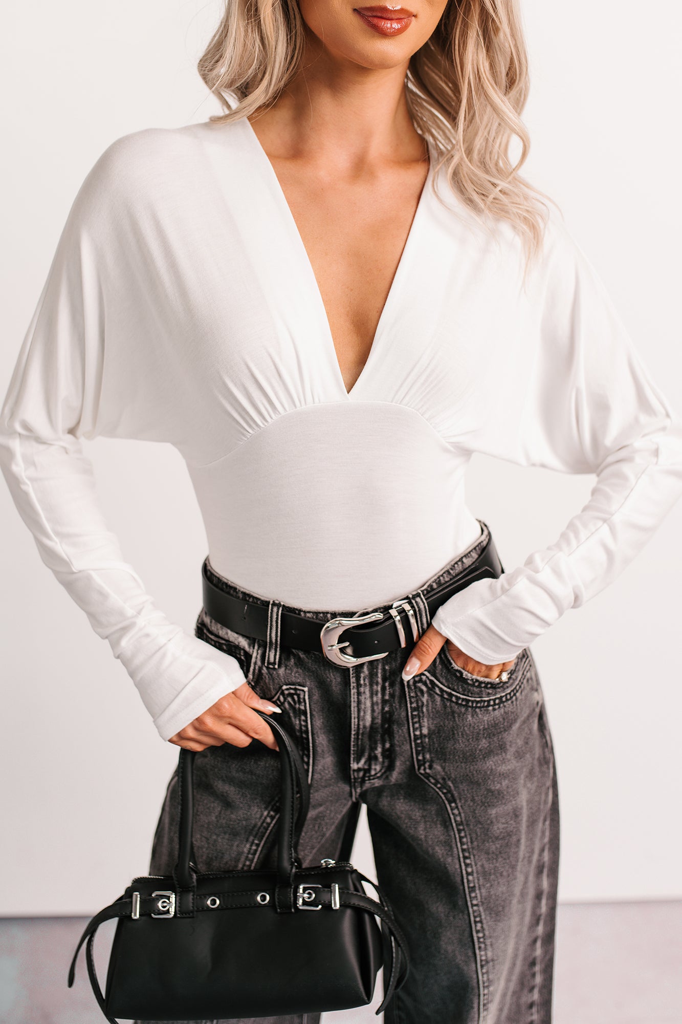 Last Looks Plunging V Neck Long Sleeve Bodysuit (Ivory) - NanaMacs
