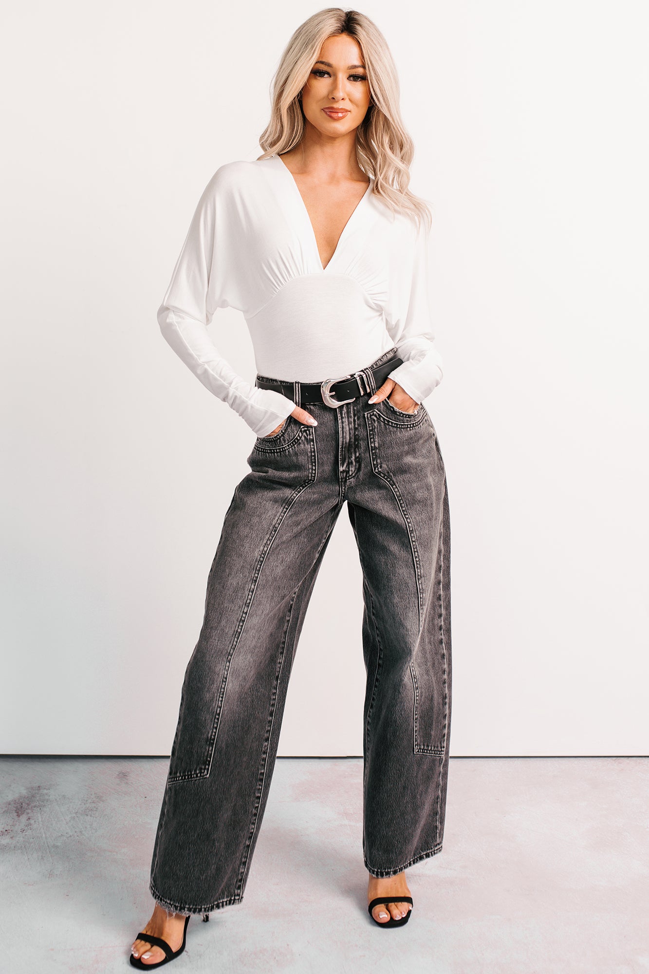 Last Looks Plunging V Neck Long Sleeve Bodysuit (Ivory) - NanaMacs