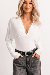 Last Looks Plunging V Neck Long Sleeve Bodysuit (Ivory) - NanaMacs