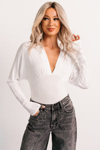 Last Looks Plunging V Neck Long Sleeve Bodysuit (Ivory) - NanaMacs