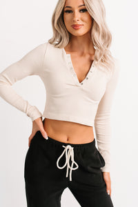 Starstruck Smiles Ribbed Henley Crop Top (Cream) - NanaMacs