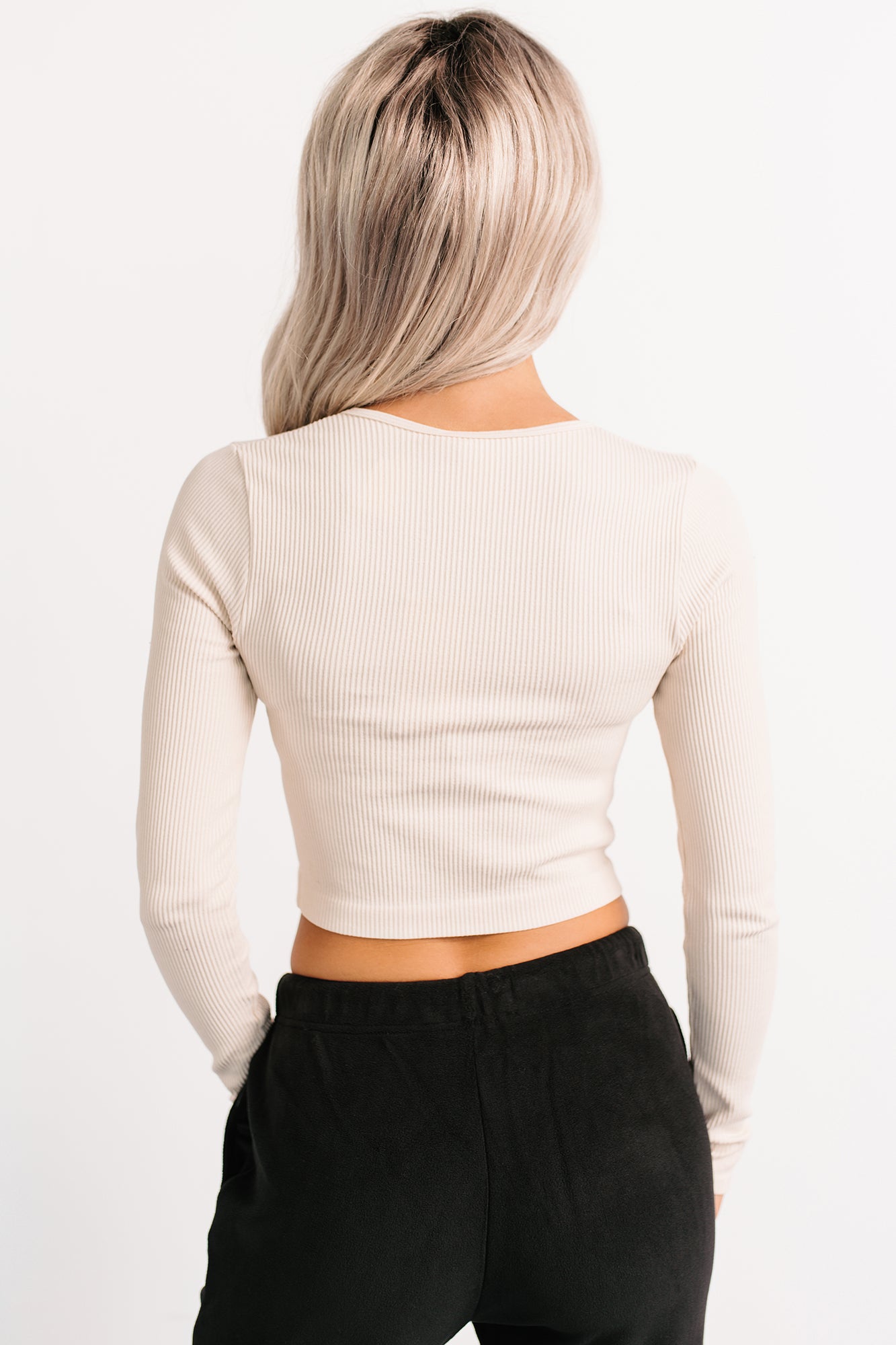Starstruck Smiles Ribbed Henley Crop Top (Cream) - NanaMacs