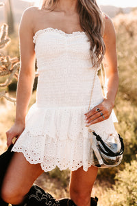 We're Good Together Smocked Eyelet Mini Dress (White) - NanaMacs