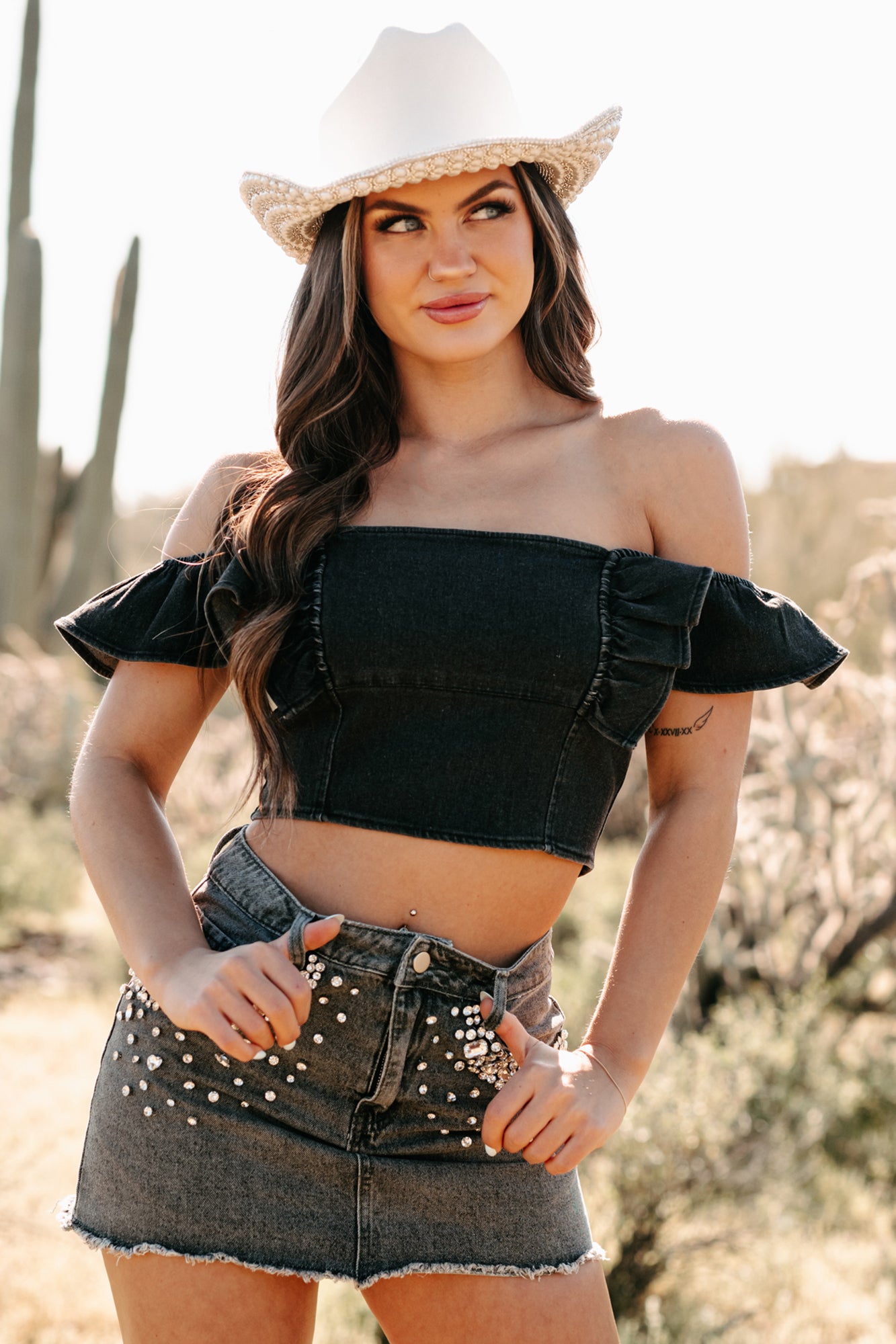 Best Intentions Denim Ruffle Crop Top Black NanaMacs