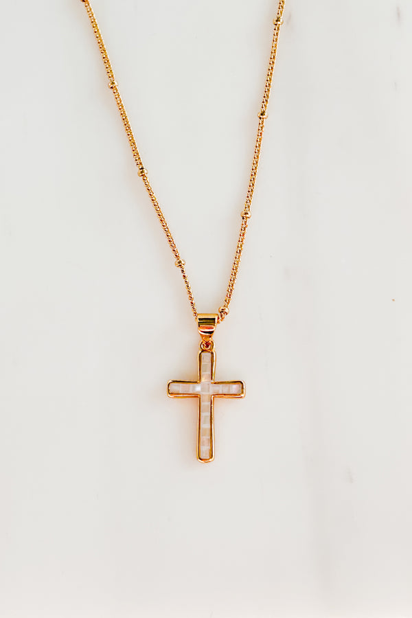 Never Lose Faith Gold Plated Cross Necklace (White) - NanaMacs