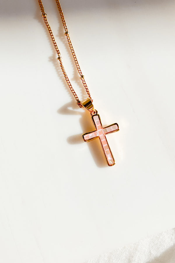 Never Lose Faith Gold Plated Cross Necklace (Pink) - NanaMacs