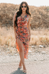 Painted Skies Floral Halter FORE Dress (Neon Coral) - NanaMacs