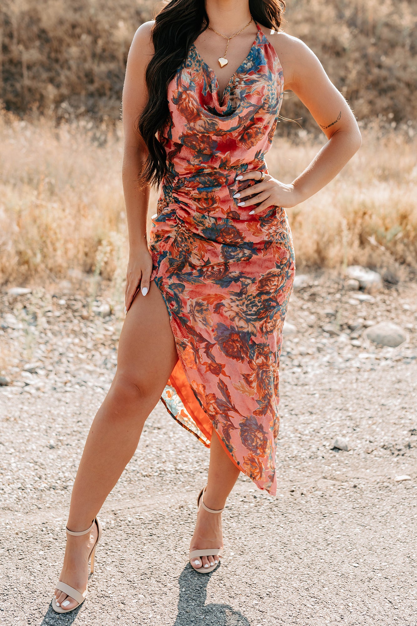 Painted Skies Floral Halter FORE Dress (Neon Coral) - NanaMacs