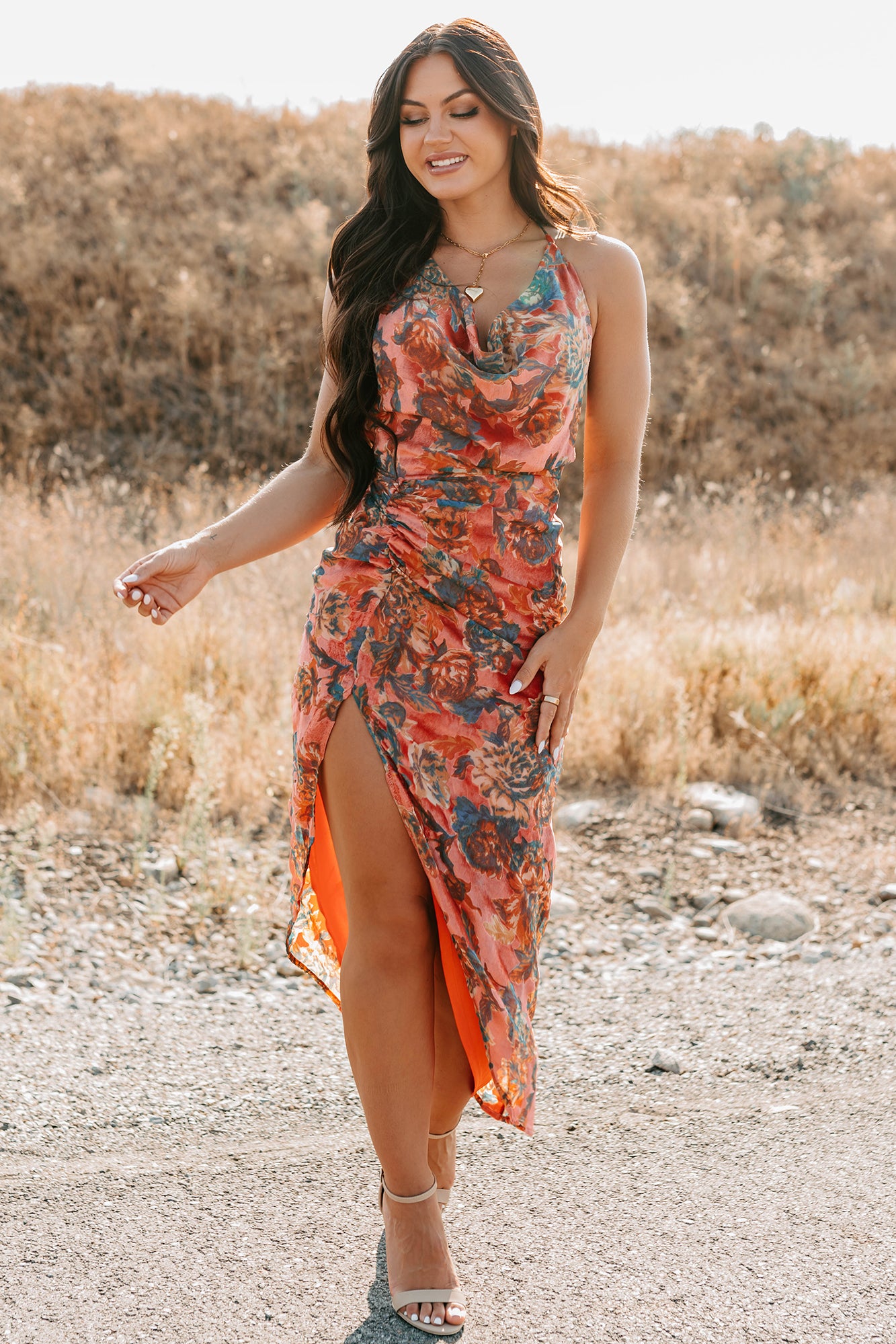 Painted Skies Floral Halter FORE Dress (Neon Coral) - NanaMacs