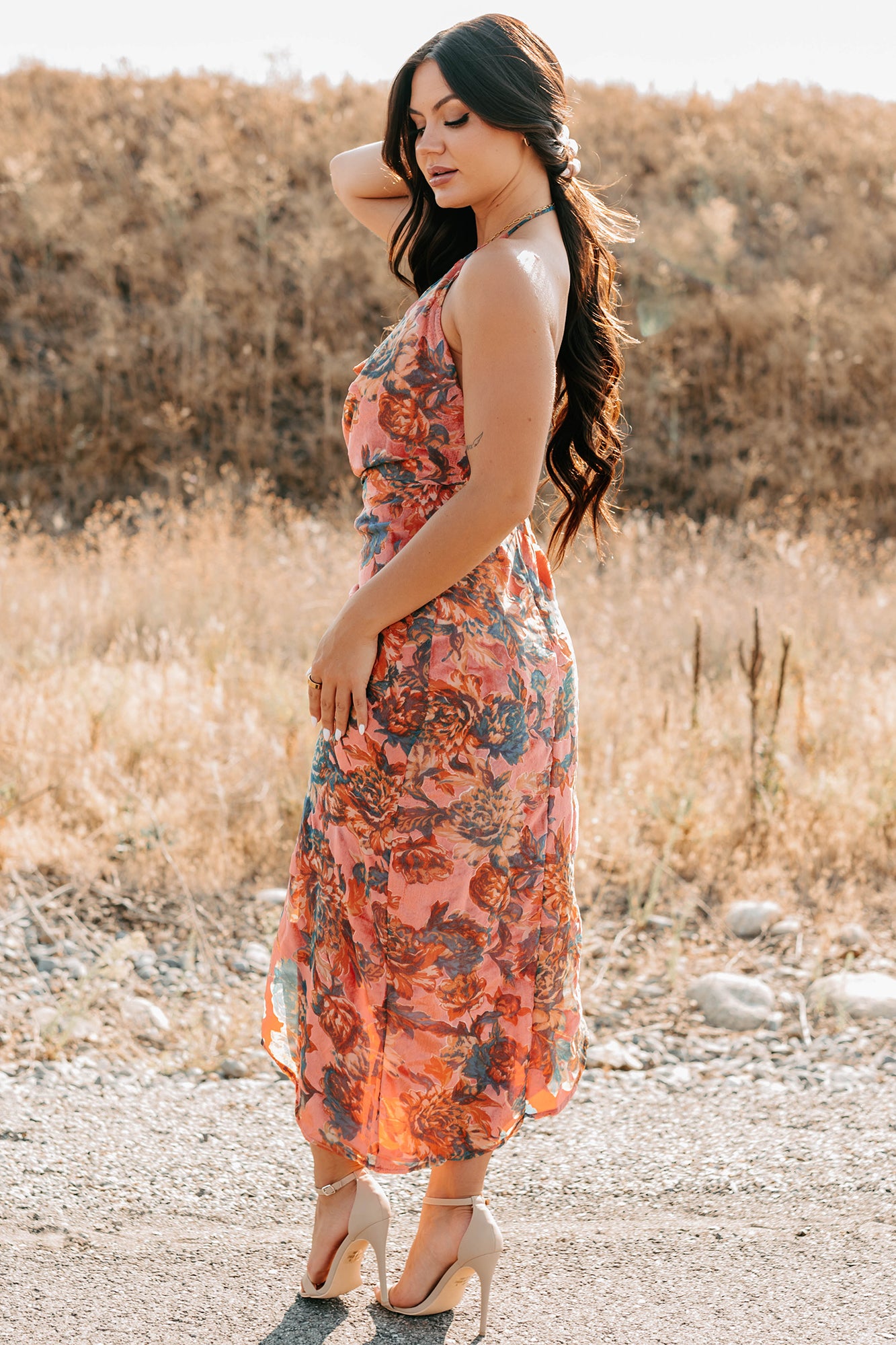 Painted Skies Floral Halter FORE Dress (Neon Coral) - NanaMacs