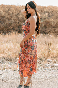 Painted Skies Floral Halter FORE Dress (Neon Coral) - NanaMacs