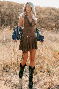 Refined Glow Faux Suede Halter Mini Dress (Chocolate) - NanaMacs