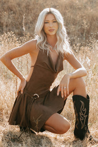 Refined Glow Faux Suede Halter Mini Dress (Chocolate) - NanaMacs