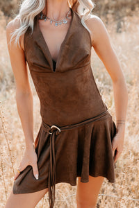 Refined Glow Faux Suede Halter Mini Dress (Chocolate) - NanaMacs