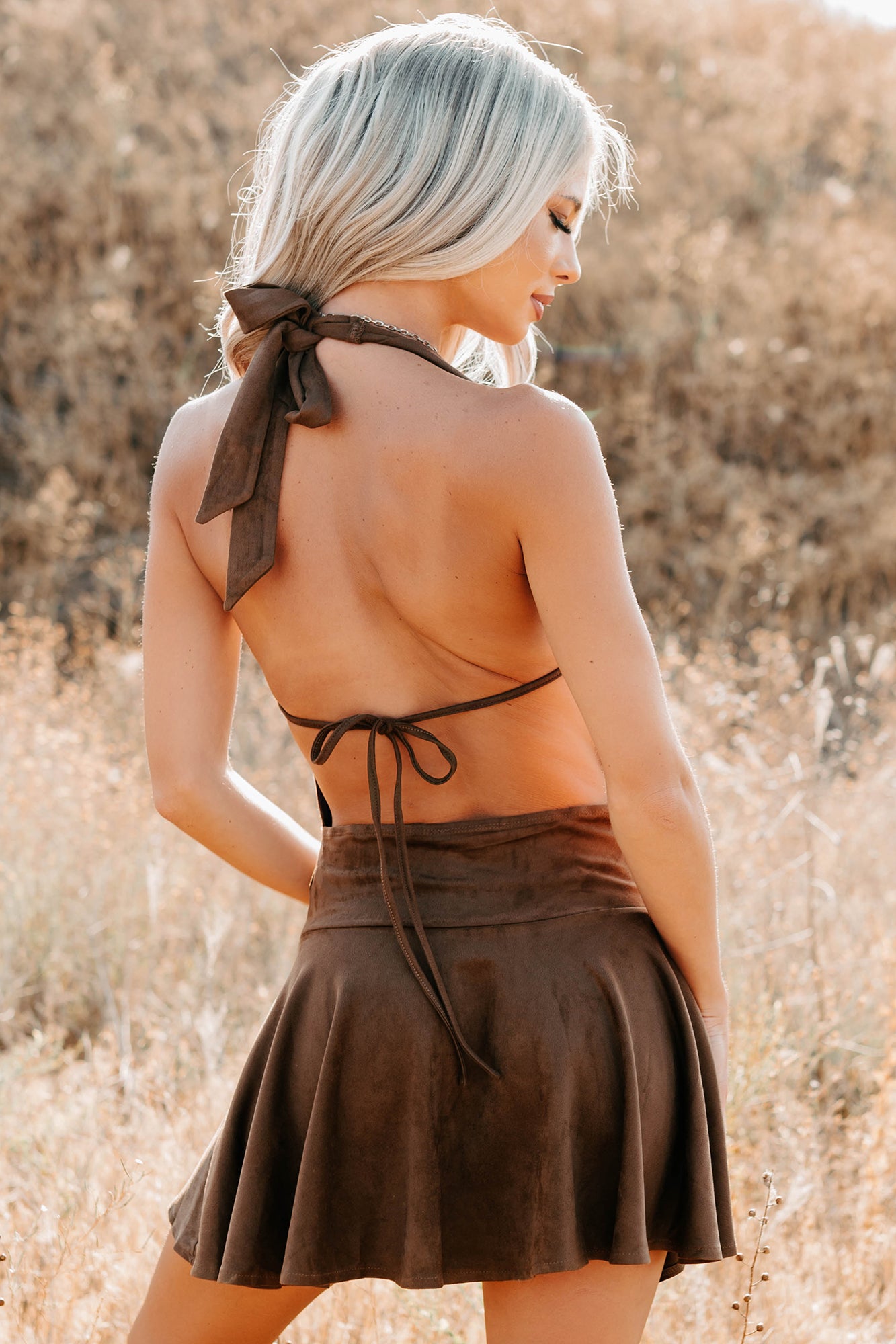 Women's Refined Glow Faux Suede Halter Mini Dress in Chocolate - Size L Women's Refined Glow Faux Suede Halter Mini Dress in Chocolate - Size L