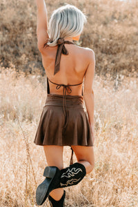 Refined Glow Faux Suede Halter Mini Dress (Chocolate) - NanaMacs