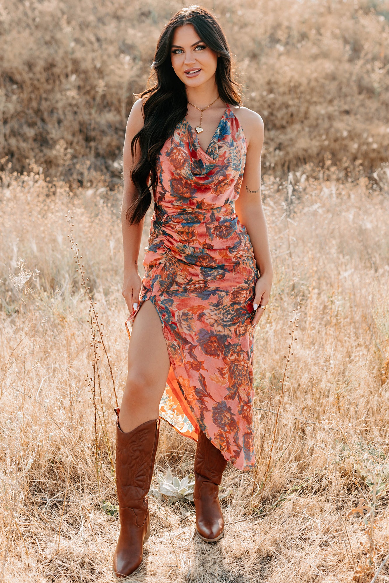 Painted Skies Floral Halter FORE Dress (Neon Coral) - NanaMacs