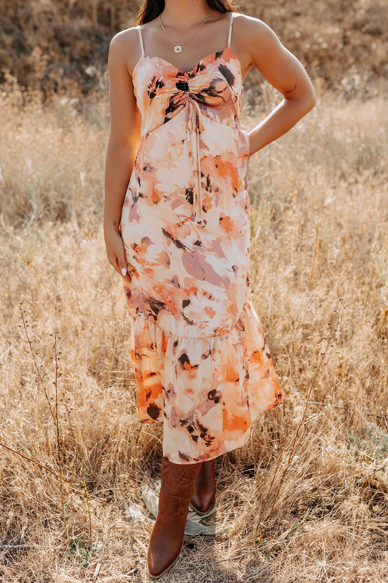 Slay Softly Sleeveless Floral Midi Dress (Peach/Multi) - NanaMacs