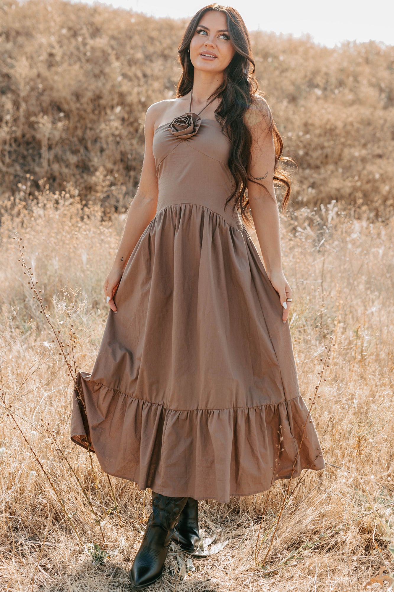 Charming The Night Halter Maxi Dress (Chocolate) - NanaMacs