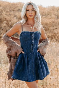 Women's Subtle Power Lace-Up Sleeveless Mini Dress in Denim Blue