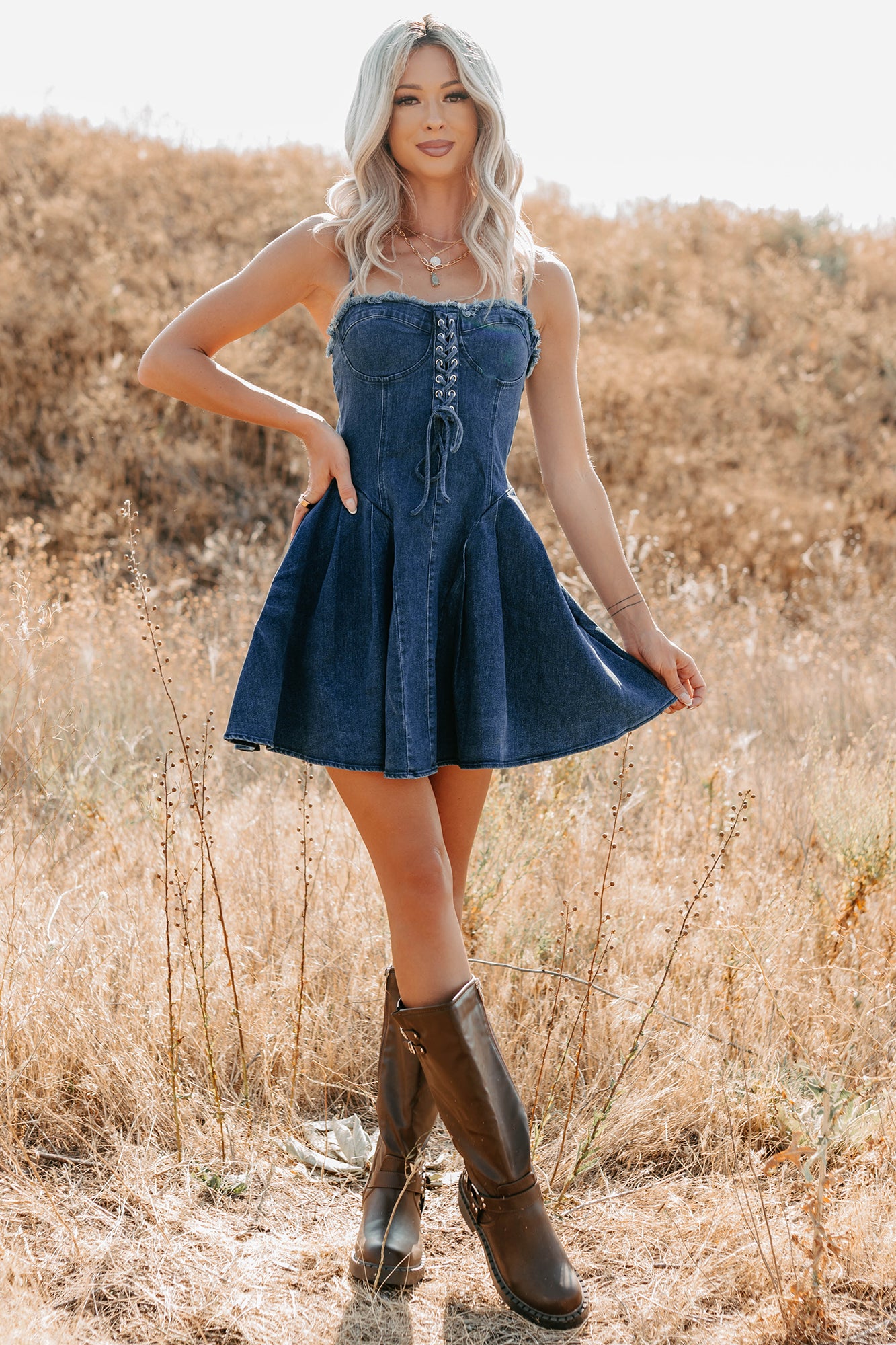 mini denim dress Daisy Medium Wash / L Blue Denim Straight Neck Mini DressHow to style Women's Subtle Power Lace-Up Sleeveless