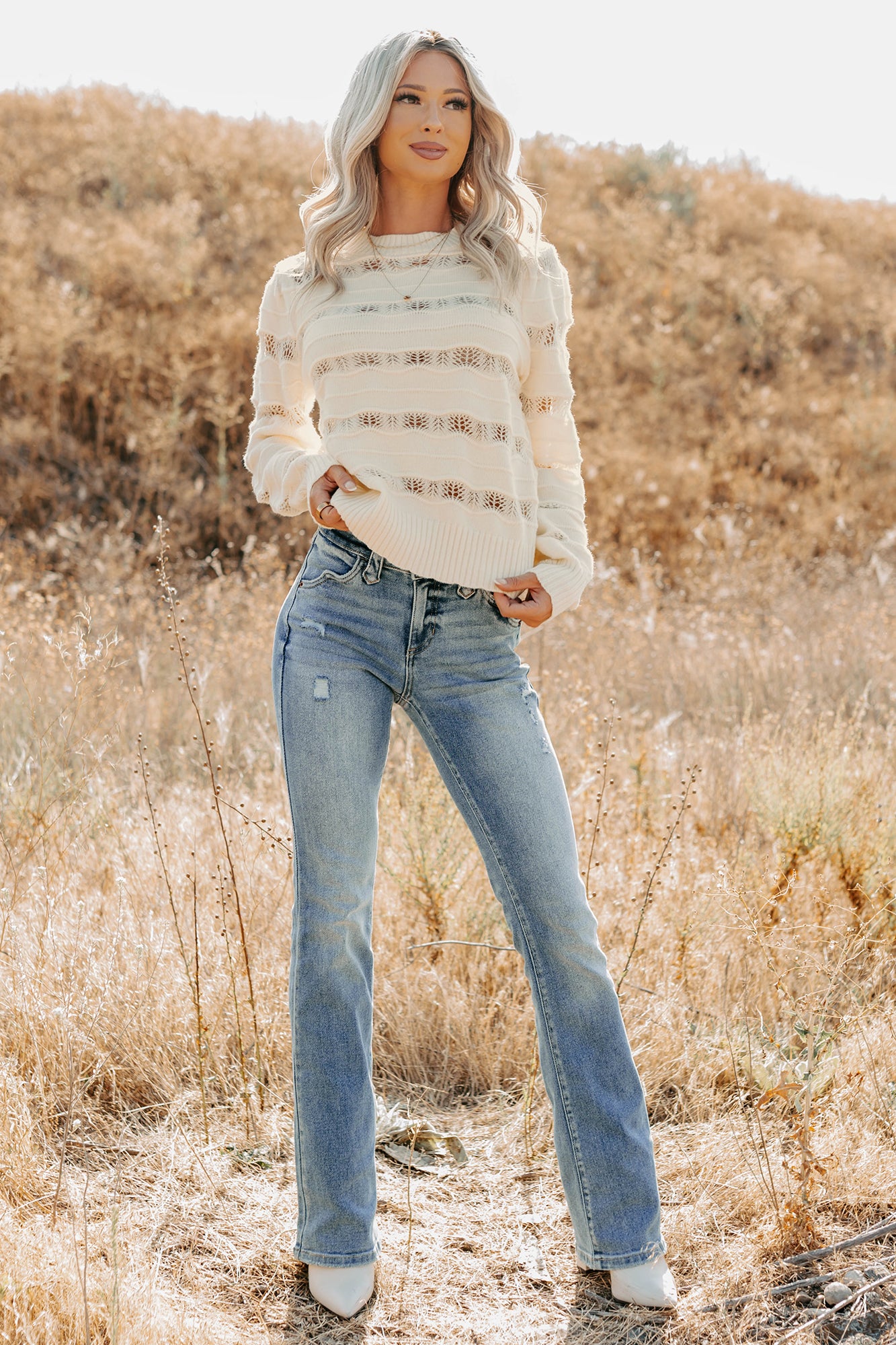 Quiet Mornings Open Knit Detailed Sweater (Cream) - NanaMacs