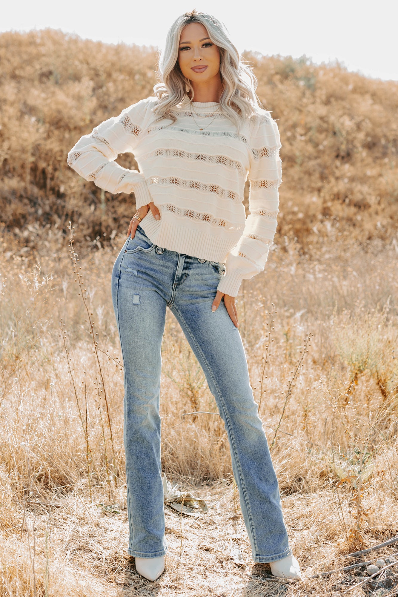 Quiet Mornings Open Knit Detailed Sweater (Cream) - NanaMacs