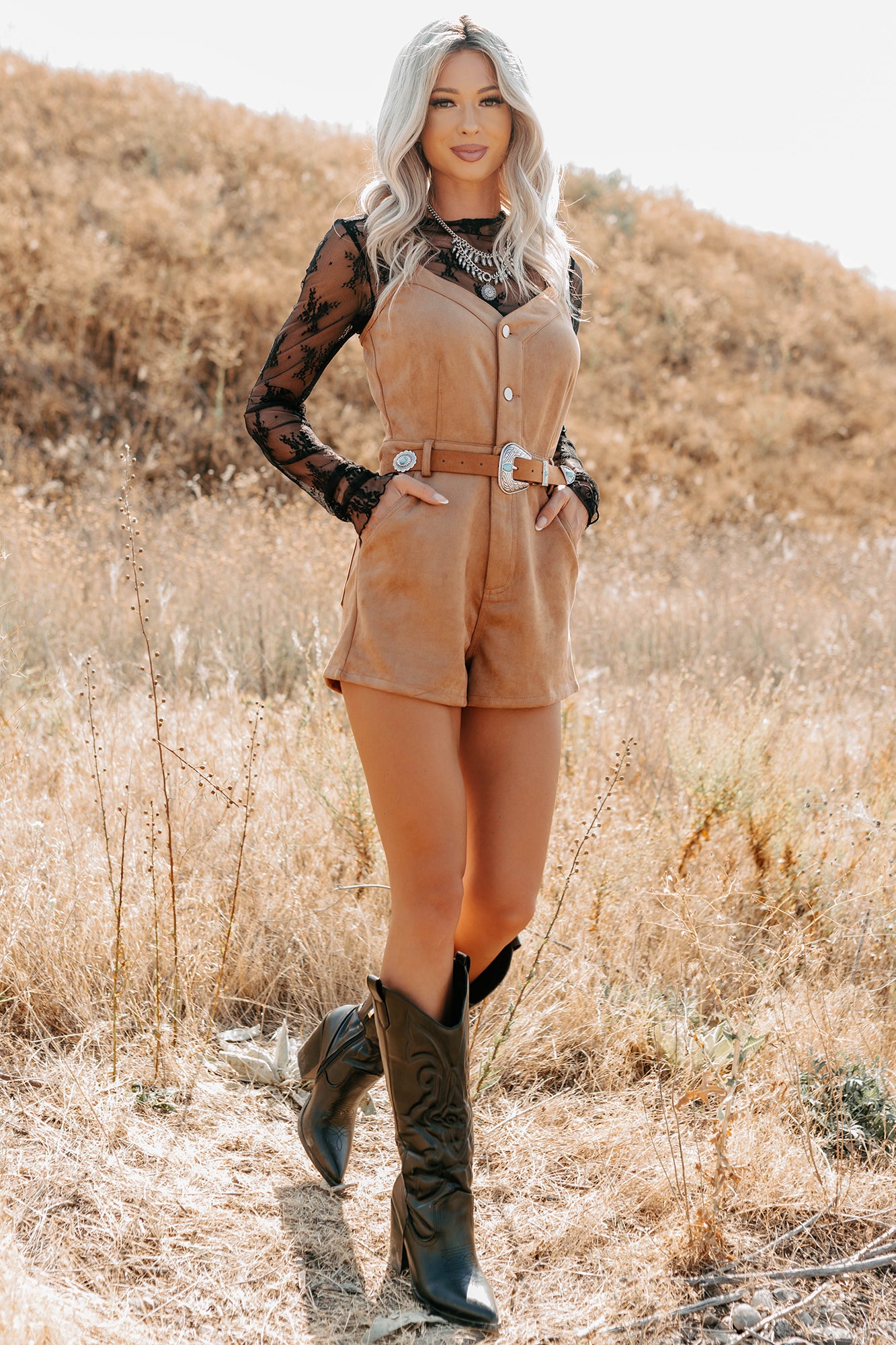 Groovy Glow Sleeveless Faux Suede Romper (Camel) - NanaMacs