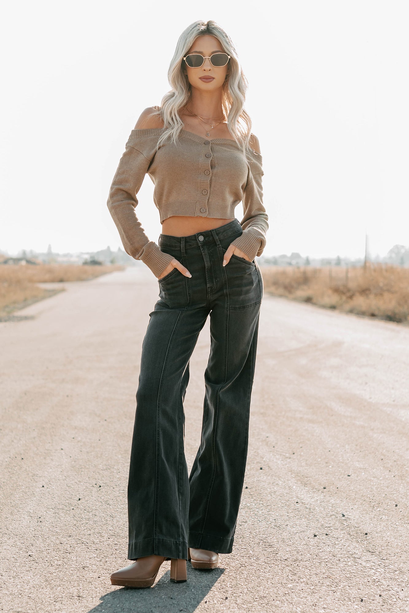 Stay Mine Off The Shoulder Buttoned Sweater Top (Dark Taupe) - NanaMacs