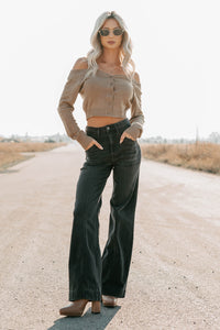 Stay Mine Off The Shoulder Buttoned Sweater Top (Dark Taupe) - NanaMacs