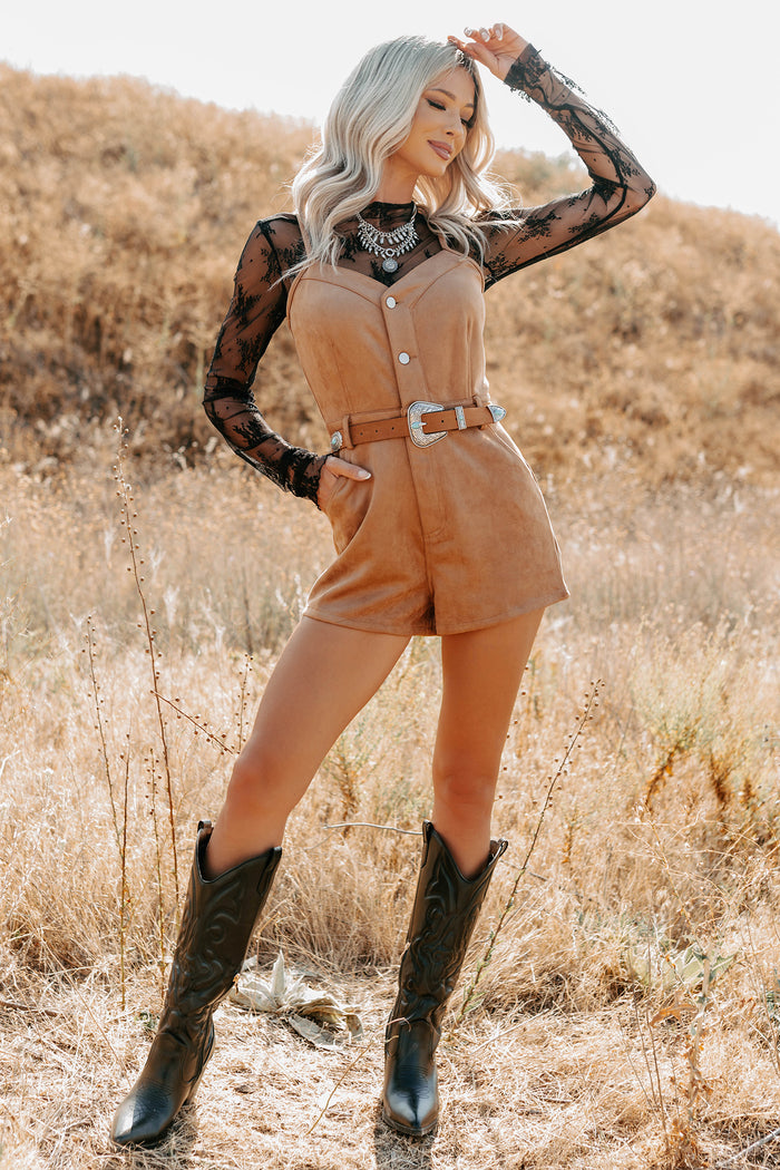 Groovy Glow Sleeveless Faux Suede Romper (Camel)