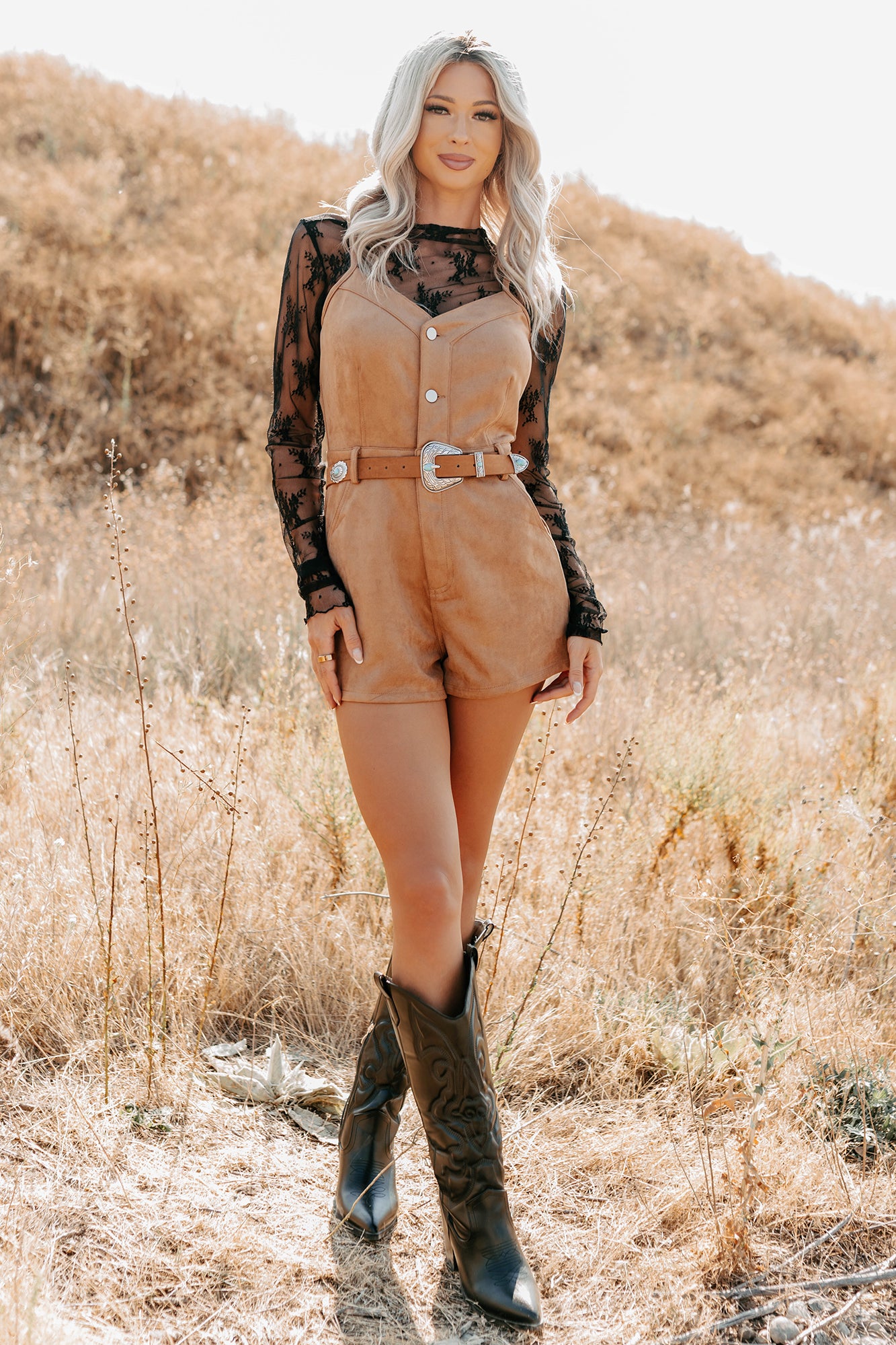 Groovy Glow Sleeveless Faux Suede Romper (Camel) - NanaMacs