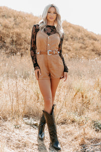 Groovy Glow Sleeveless Faux Suede Romper (Camel) - NanaMacs