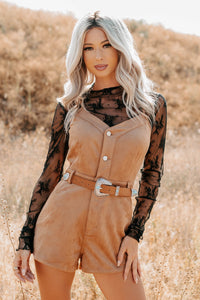 Groovy Glow Sleeveless Faux Suede Romper (Camel) - NanaMacs