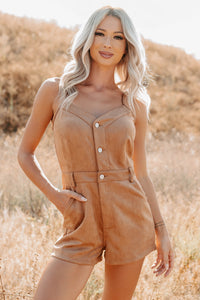 Groovy Glow Sleeveless Faux Suede Romper (Camel) - NanaMacs