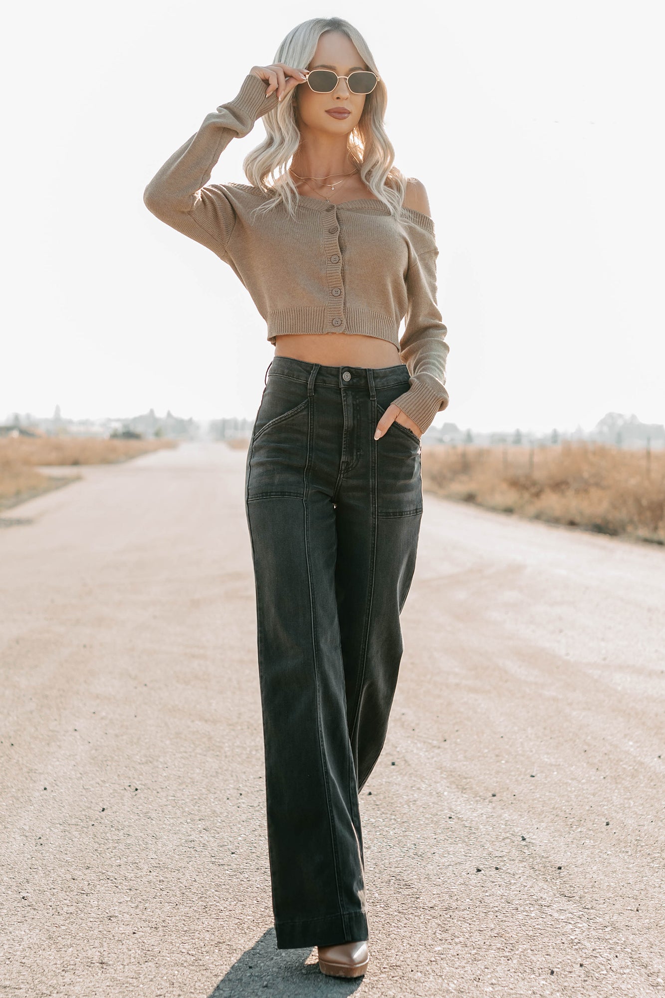 Stay Mine Off The Shoulder Buttoned Sweater Top (Dark Taupe) - NanaMacs