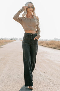 Stay Mine Off The Shoulder Buttoned Sweater Top (Dark Taupe) - NanaMacs