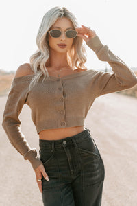 Stay Mine Off The Shoulder Buttoned Sweater Top (Dark Taupe) - NanaMacs