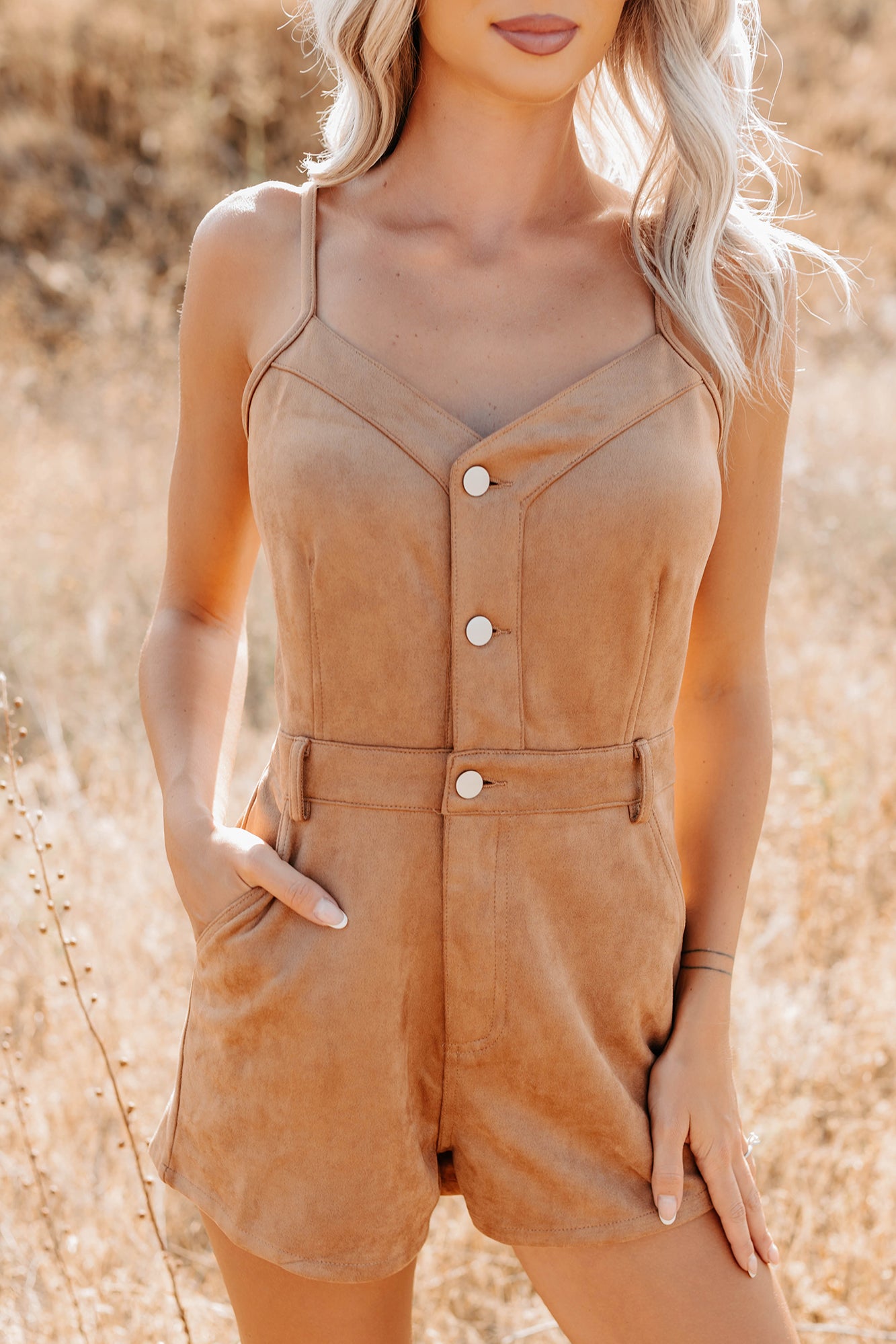 Groovy Glow Sleeveless Faux Suede Romper (Camel) - NanaMacs